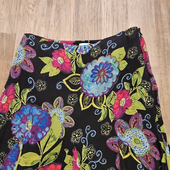 Vtg Chicos Floral Silk Midi Skirt Womens 2/Medium Black Ruffle Boho Artsy Grunge - Picture 3 of 8